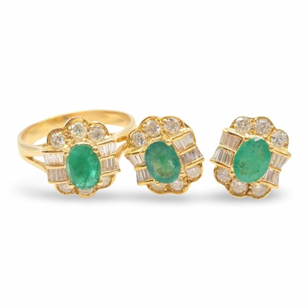 NEW Golden Flora Oval Green Emerald Gemstone Baguette Diamond Jewelry Set 14kt Sale