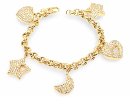 NEW Golden Cable Chain Star Moon Heart Diamond Bracelet 14kt For Sale