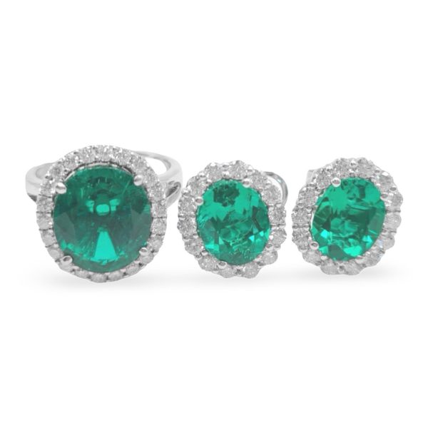 NEW Oval Green Emerald Nano Gemstone Diamond Jewelry Set 14kt Fashion