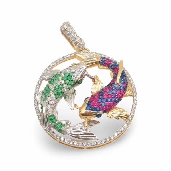 NEW Koi Fish Colored Stone Diamond Pendant 18kt on Sale