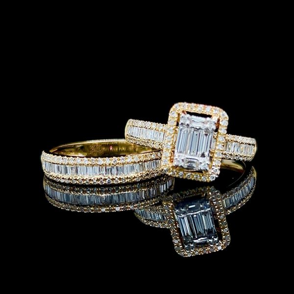 Golden Emerald Baguette Paved Twin Pair Diamond Ring 14kt Online Hot Sale