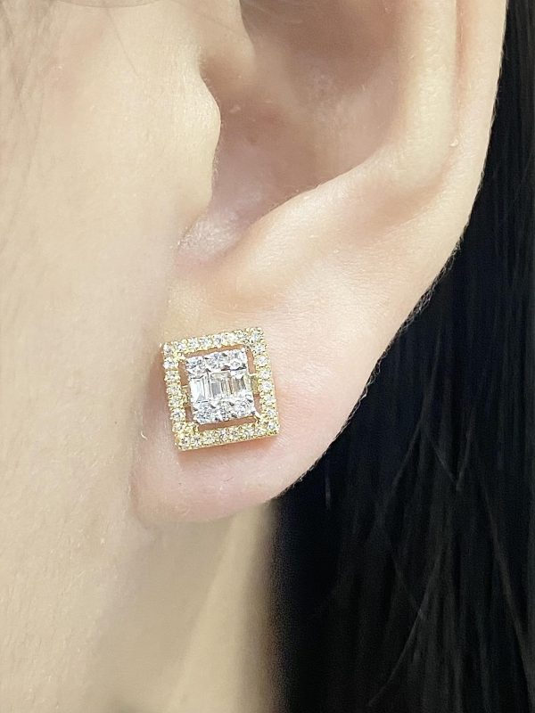 Golden Square Stud Diamond Earrings 14kt Fashion