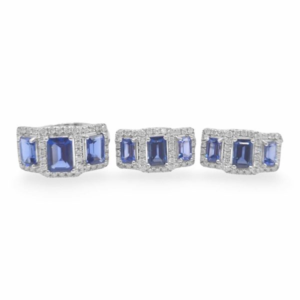 NEW Trio Blue Sapphire Gemstone Diamond Jewelry Set 14kt Hot on Sale