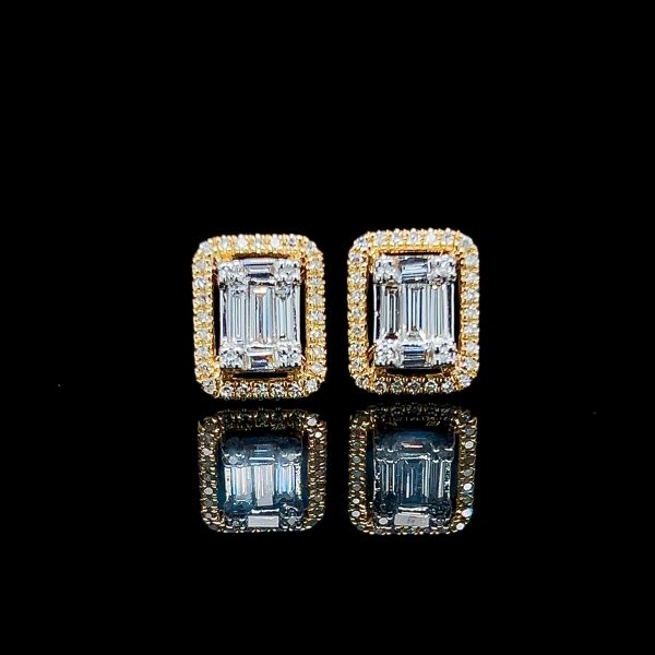 Golden Emerald Paved Stud Diamond Earrings 14kt Cheap