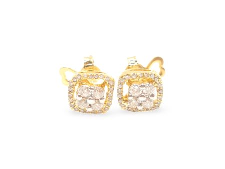 NEW Golden Cushion Halo Diamond Stud Earrings 18kt Online Sale