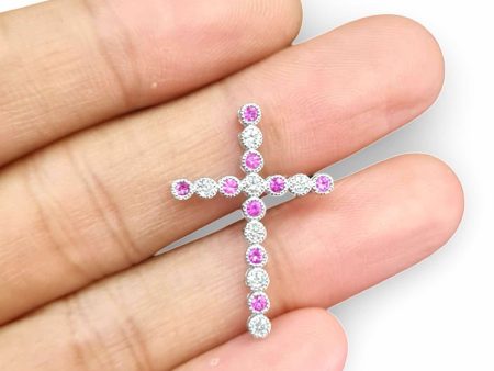 NEW Pink Sapphire Gemstone Cross Diamond Pendant 18kt Online Sale