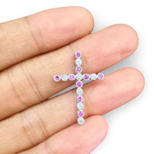 NEW Pink Sapphire Gemstone Cross Diamond Pendant 18kt Online Sale