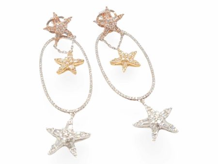 NEW Multi-Tone Oval Inner Star Dangling Diamond Jewelry Earrings 14kt For Sale