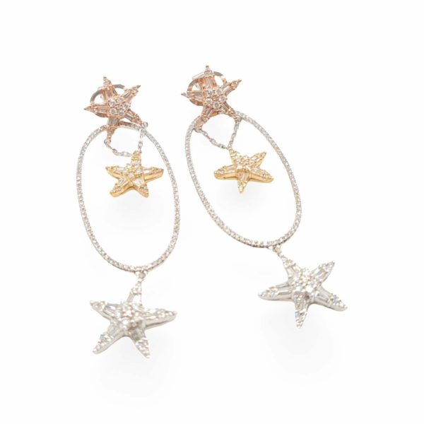 NEW Multi-Tone Oval Inner Star Dangling Diamond Jewelry Earrings 14kt For Sale