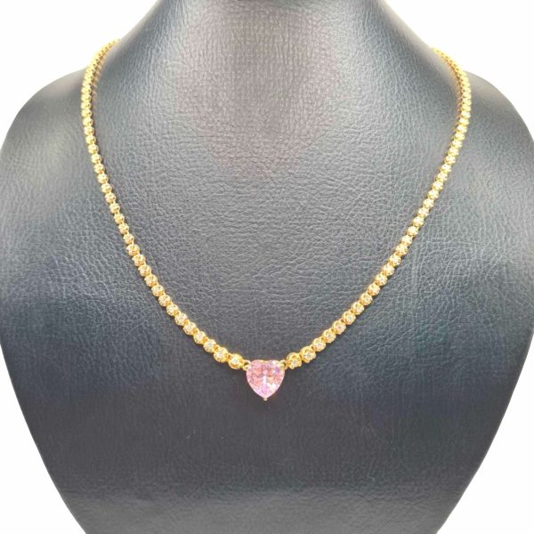 NEW Heart Pink Sapphire Gemstone Golden Tennis Diamond Necklace 18kt Online