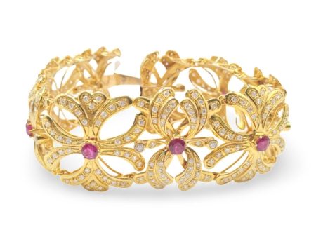 NEW Golden Deco Statement Ruby Gemstones Centered Diamond Bangle 14kt Online Hot Sale