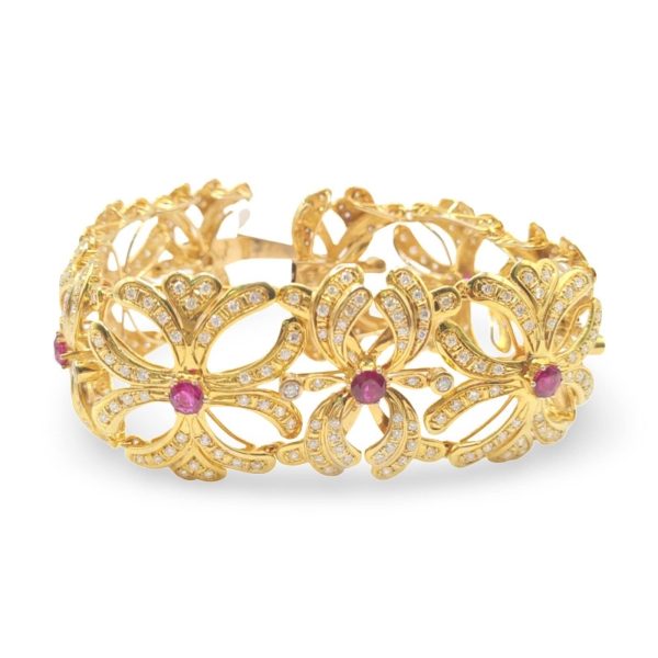 NEW Golden Deco Statement Ruby Gemstones Centered Diamond Bangle 14kt Online Hot Sale