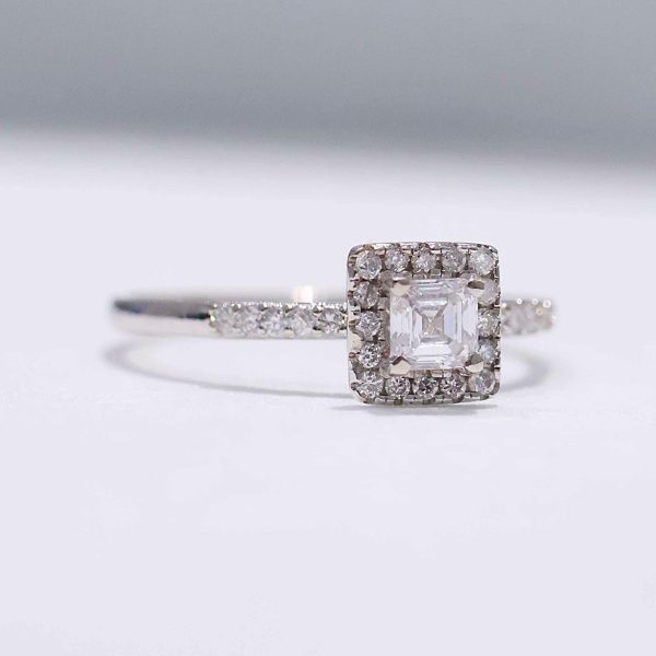 0.74cts F VVS Asscher Halo Paved Diamond Engagement Ring 14kt #0080 Cheap