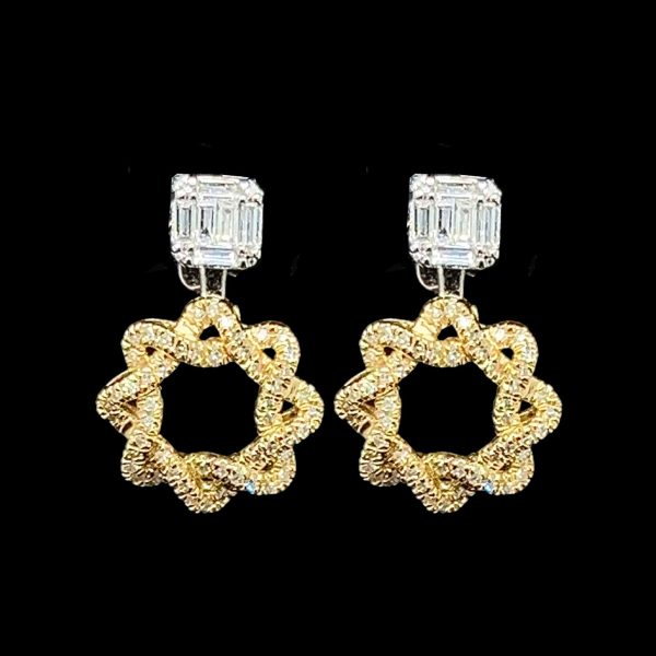 Golden Floral Deco Diamond Earrings 18kt For Sale