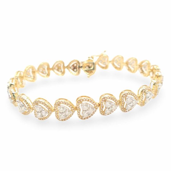 NEW Golden Full Heart Eternity Halo Diamond Bracelet 14kt For Sale