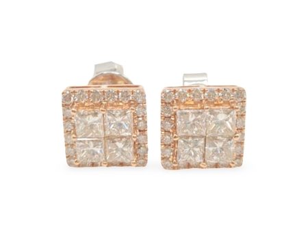 NEW Rose Gold Princess Shape Dazzling Rock Diamond Earrings 18kt on Sale