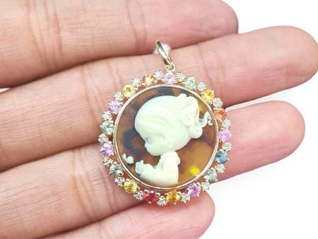 NEW Baby Girl Round Deco Rainbow Sapphire Nano Gemstone Diamond Pendant 14kt For Cheap