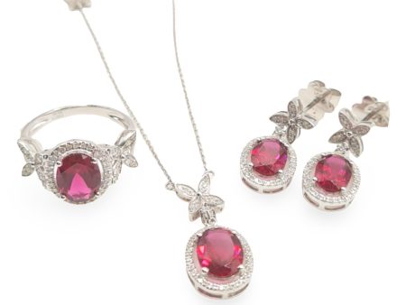 NEW Oval Ruby Gemstone Halo Clover Diamond Jewelry Set 14kt Cheap