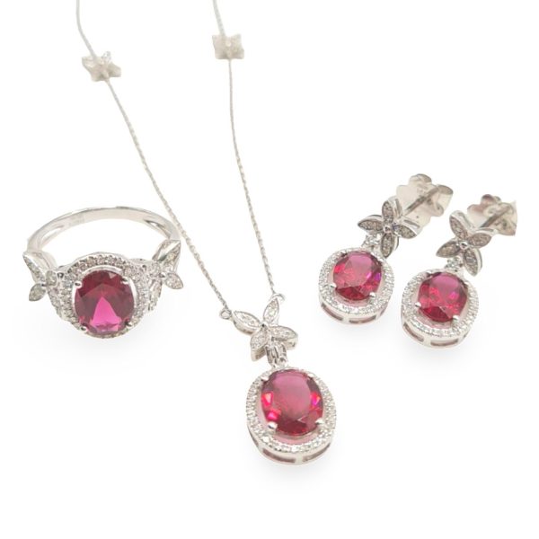 NEW Oval Ruby Gemstone Halo Clover Diamond Jewelry Set 14kt Cheap