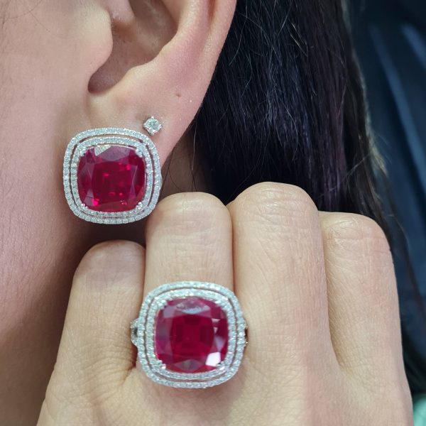 NEW Cushion Ruby Gemstone Double Halo Diamond Jewelry Set 18kt Online Sale