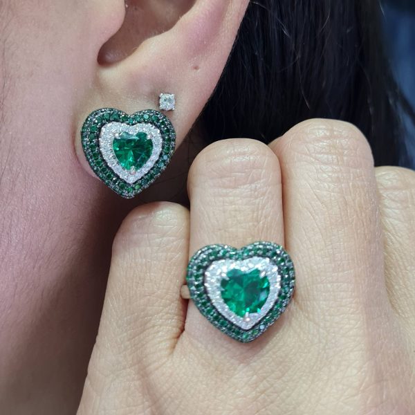 NEW Heart Emerald Nano Gemstone Diamond Jewelry Set 14kt Online Hot Sale