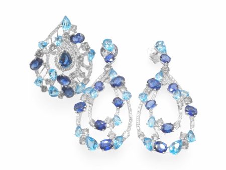 NEW Pear Sapphire Gemstone Diamond Jewelry Set 18kt For Discount